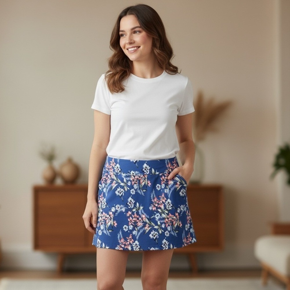 Mario Serrani Skirt Women's Size 2XL Blue Floral Athletic Pull On Skort Comfort